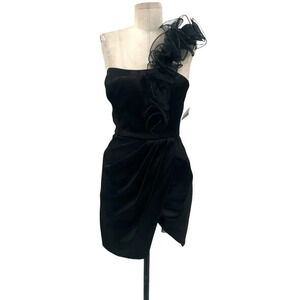 Jill Stuart Black Satin One‎ Shoulder Mini Dress Ruffle Detail Tulip Hem Size 0